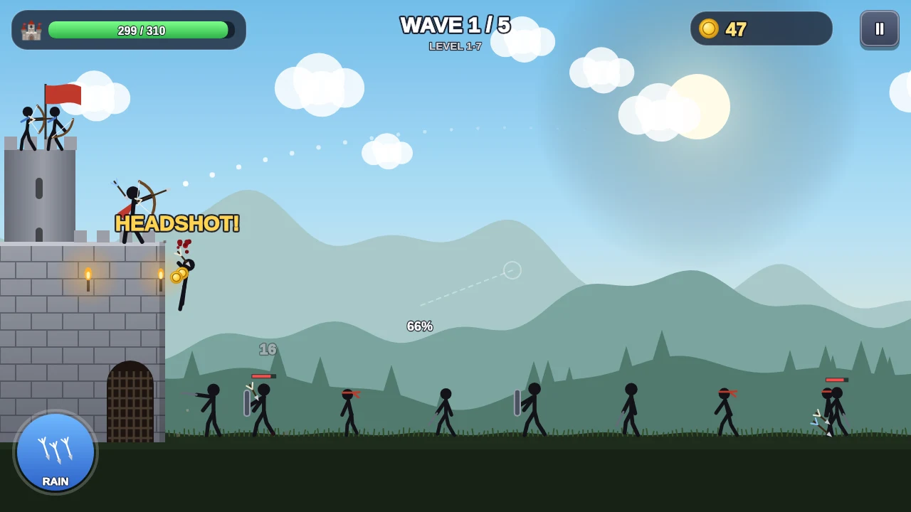 Aiming a bow at stickman soldiers marching toward the castle wall