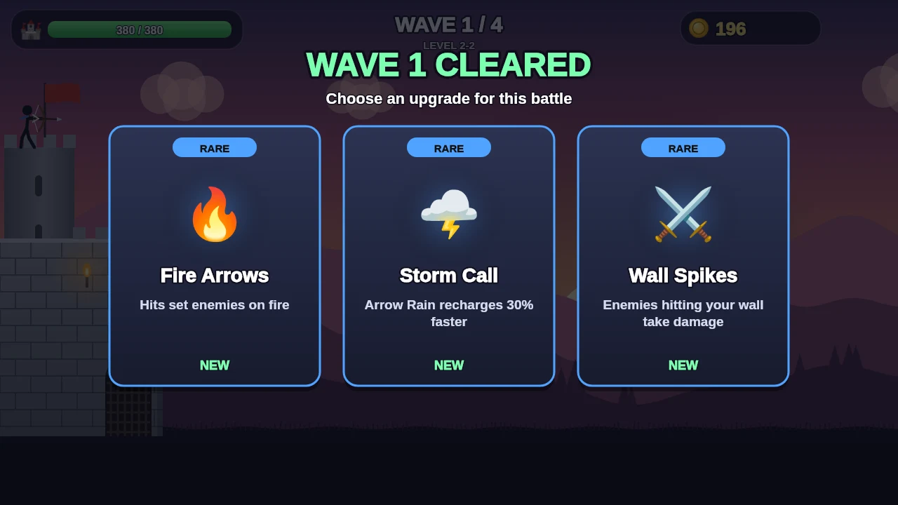 Choosing one of three upgrade cards after clearing a wave